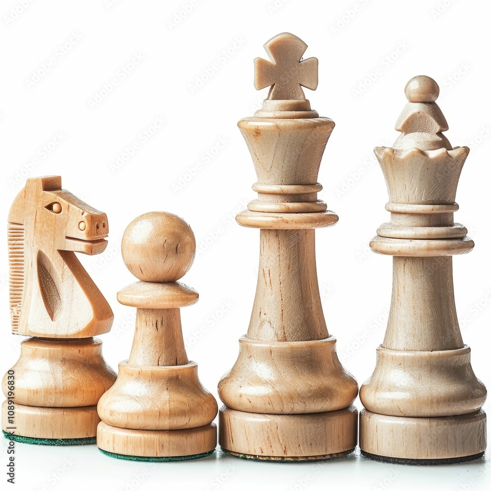 Close up of four wooden chess pieces king queen knight and pawn isolated on white background. Close up of four wooden chess pieces king queen knight and pawn isolated on white background.