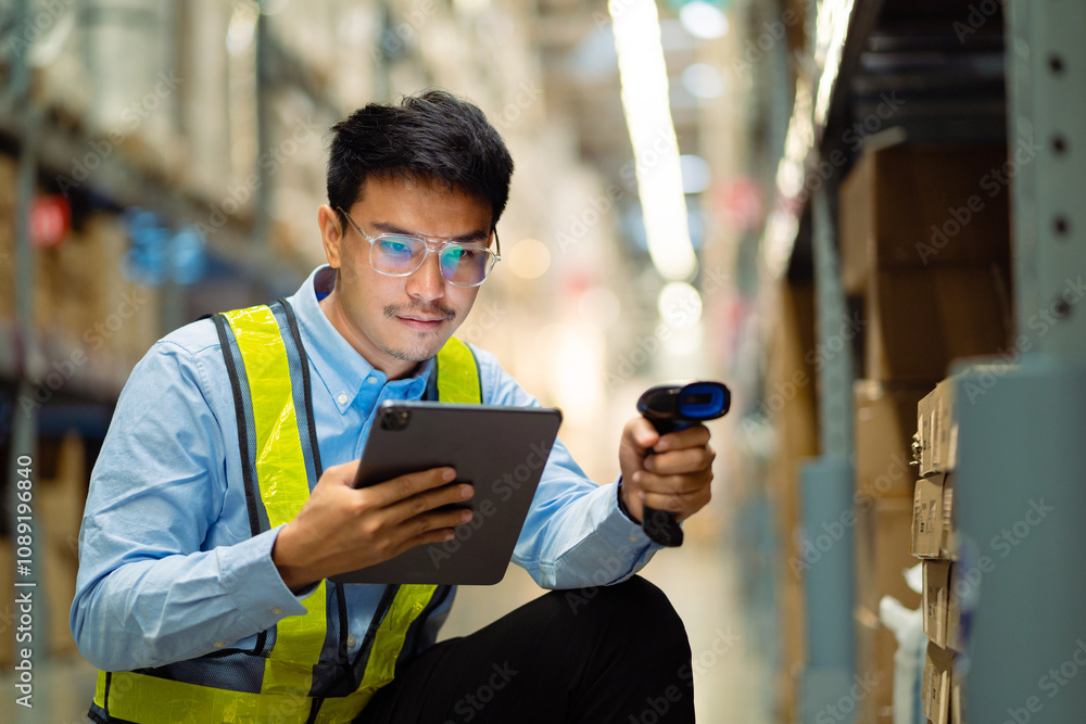 A man in a safety vest is using a tablet to scan a barcode. He is smiling and he is enjoying the task A man in a safety vest is using a tablet to scan a barcode. He is smiling and he is enjoying the task