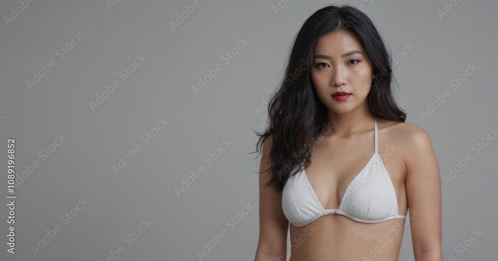 Portrait of a confident woman in white lingerie, posing against a neutral background Portrait of a confident woman in white lingerie, posing against a neutral background