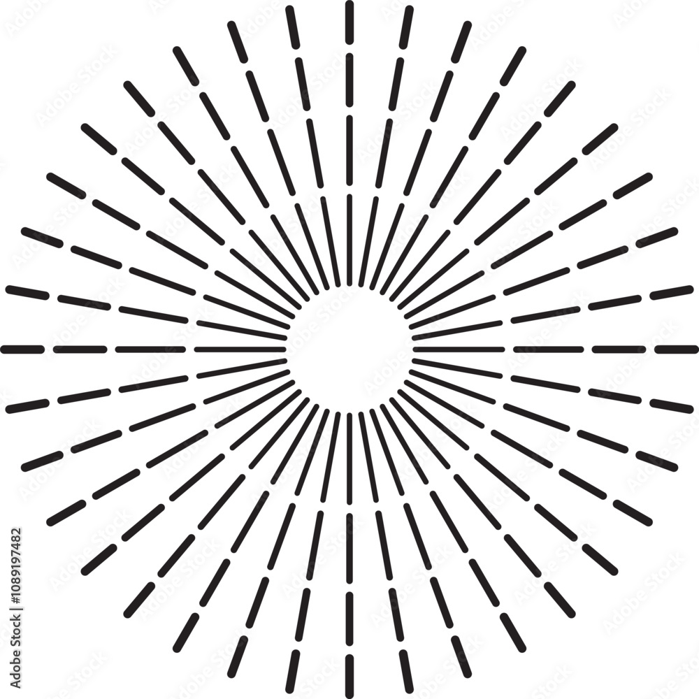 Numerous black lines radiate outwards from a central white circle, creating a dynamic sunburst or starburst effect against a white background Numerous black lines radiate outwards from a central white circle, creating a dynamic sunburst or starburst effect against a white background