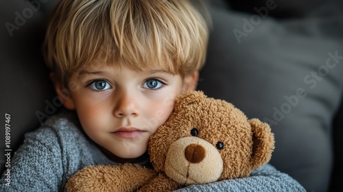 A joyful child holding a teddy bear, symbolizing warmth and affection.