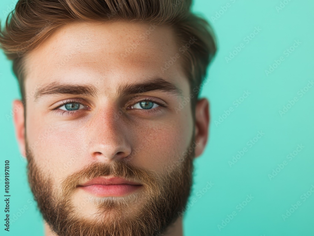 Obraz premium portrait of a young man with a beard and bright blue eyes against a solid background