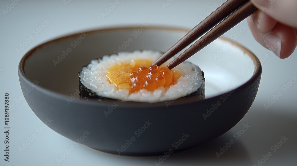 Chopsticks picking up a piece of sushi with orange roe in a small bowl. Chopsticks picking up a piece of sushi with orange roe in a small bowl.