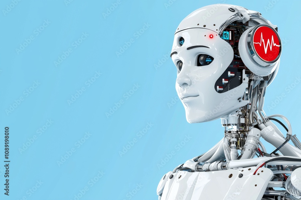 A futuristic humanoid robot with a sleek design and digital interface, set against a light blue background, symbolizes advancements in technology and artificial intelligence. A futuristic humanoid robot with a sleek design and digital interface, set against a light blue background, symbolizes advancements in technology and artificial intelligence.