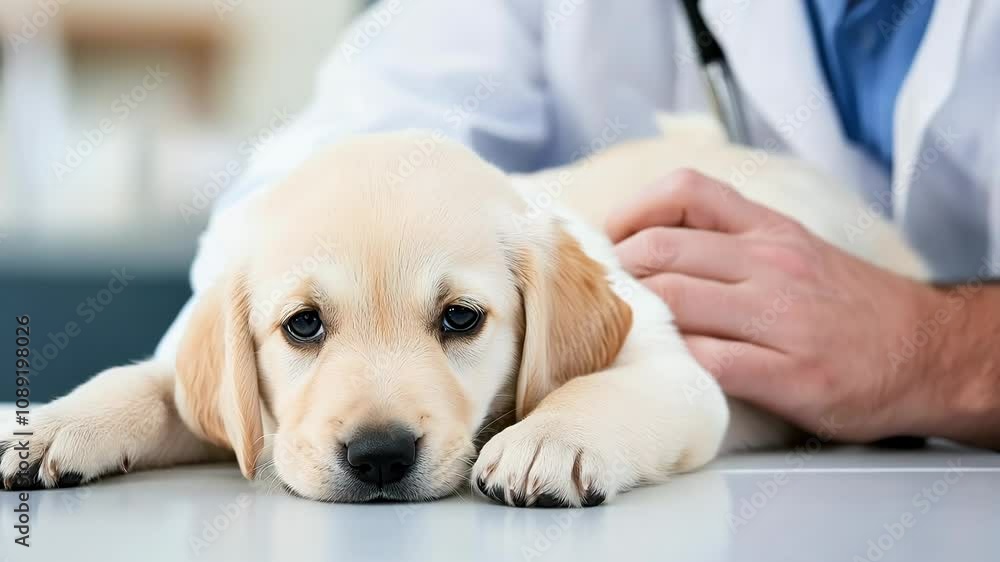Veterinarian conducting a thorough check-up on a playful puppy Veterinarian conducting a thorough check-up on a playful puppy