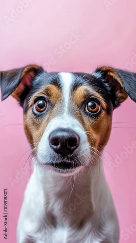 Adorable Jack Russell terrier with expressive brown eyes and perky ears gazes intently at camera against a soft pink background, capturing hearts with its charm.