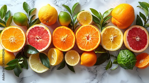 Citrus fruits like oranges, lemons, and limes sliced and displayed on a white marble background, high resolution,  photo