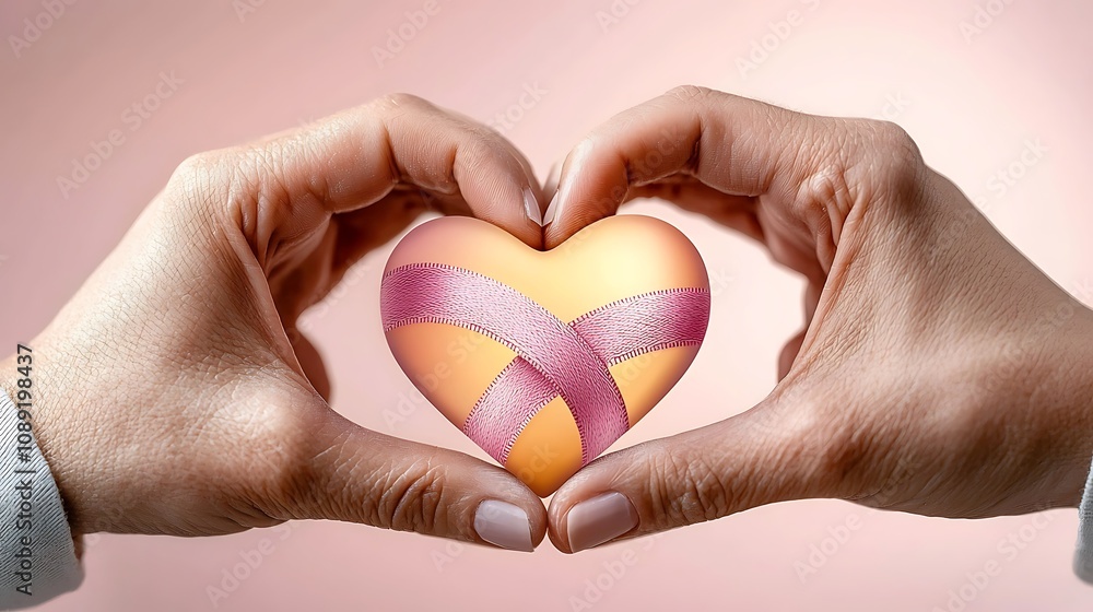 Obraz premium The close up photograph captures a woman's hands delicately forming a heart shape with a pink ribbon intertwined, symbolizing hope and support for those affected by breast cancer