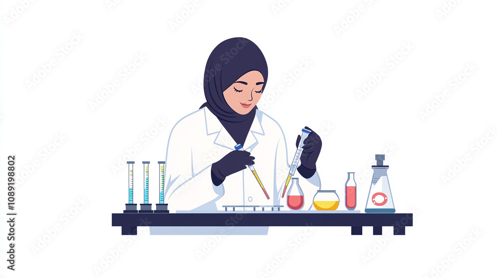 A Muslim woman wearing a lab coat, conducting an experiment, showcasing professionalism against a white backdrop A Muslim woman wearing a lab coat, conducting an experiment, showcasing professionalism against a white backdrop