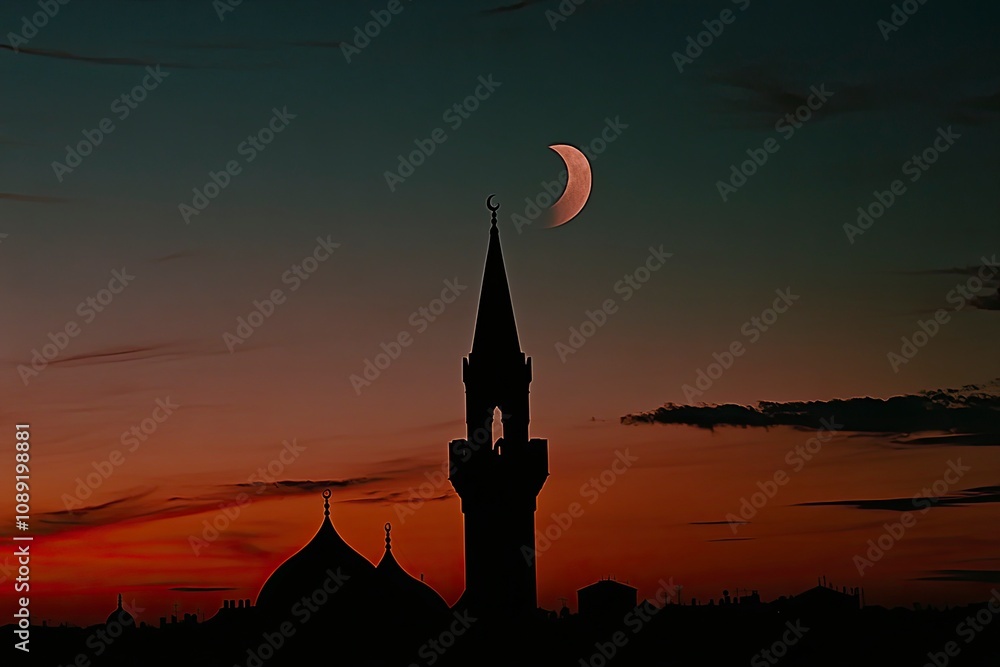 Obraz premium Mosque illuminated at dusk, crescent moon shining, warm sunset sky, peaceful horizon, Sony A6400, soft silhouette, Cinestill 800T film. generative ai