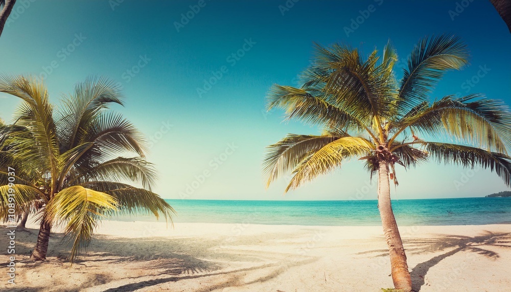 coconut palm trees on tropical beach with clear sky background vintage toned coconut palm trees on tropical beach with clear sky background vintage toned