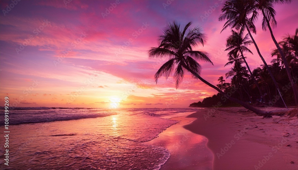 colorful pink sunset on tropical ocean beach with coconut palm trees silhouettes and shining sun colorful pink sunset on tropical ocean beach with coconut palm trees silhouettes and shining sun