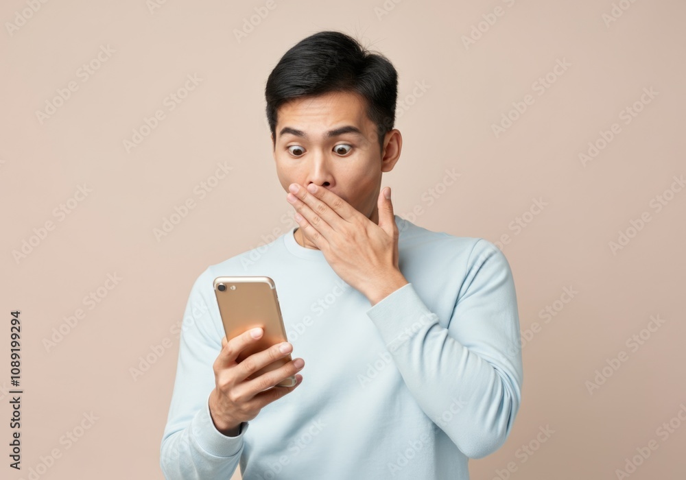 Young Asian Chinese Man Shocked by Unexpected News on Smartphone Young Asian Chinese Man Shocked by Unexpected News on Smartphone