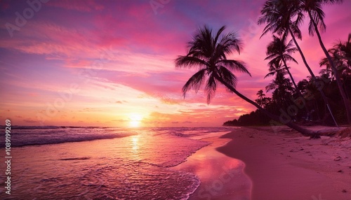 colorful pink sunset on tropical ocean beach with coconut palm trees silhouettes and shining sun