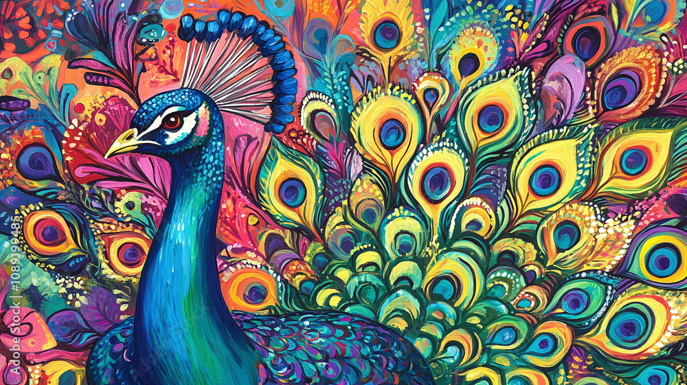 Fototapeta premium A peacock displaying its feathers, with a vibrant background that mimics its colorful plumage