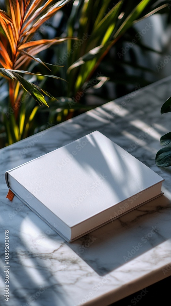 Sunlit white book on marble table with tropical plants casting shadows, creating a serene and inviting reading nook for relaxation and inspiration. Sunlit white book on marble table with tropical plants casting shadows, creating a serene and inviting reading nook for relaxation and inspiration.