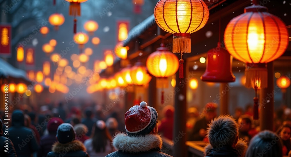 A festive multicultural celebration with golden Thai lanterns glowing above, as crowds enjoy Turkish delight and Chinese dumplings in the gently falling snow. A festive multicultural celebration with golden Thai lanterns glowing above, as crowds enjoy Turkish delight and Chinese dumplings in the gently falling snow.