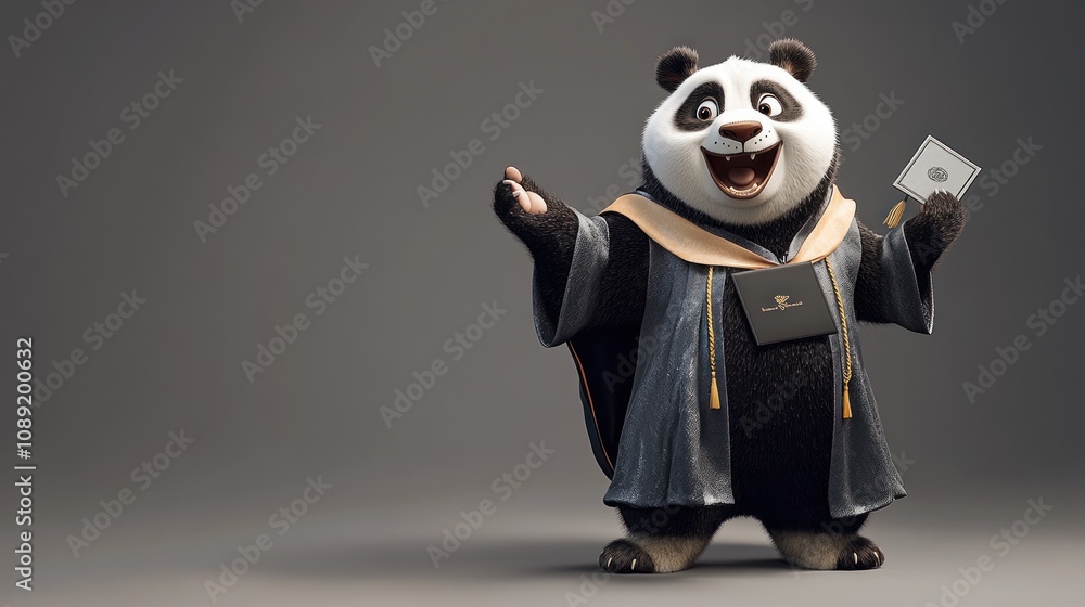 A cheerful panda in graduation attire holding a diploma, celebrating academic achievement. A cheerful panda in graduation attire holding a diploma, celebrating academic achievement.