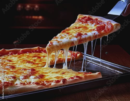 slice of cheese pizza with gooey cheese being lifted off a baking tray AI