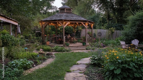 Wide gazebo made of reclaimed wood, nestled in a backyard garden, cozy atmosphere