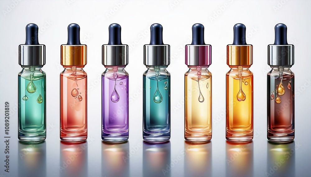five glass cosmetic pipette droppers set with different colored skincare serum and oil with hanging liquid drop isolated on white background five glass cosmetic pipette droppers set with different colored skincare serum and oil with hanging liquid drop isolated on white background