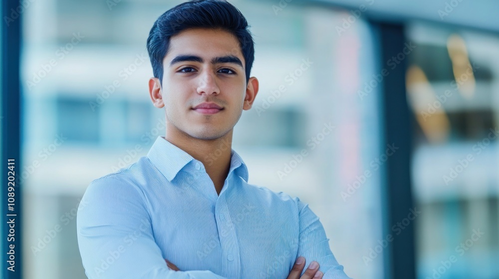 A young man stands confidently with arms crossed in a modern office setting. A young man stands confidently with arms crossed in a modern office setting.