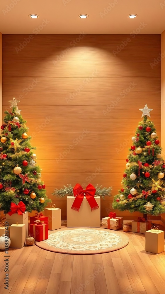 Christmas Room Interior with Decorated Christmas Trees and Gifts Christmas Room Interior with Decorated Christmas Trees and Gifts