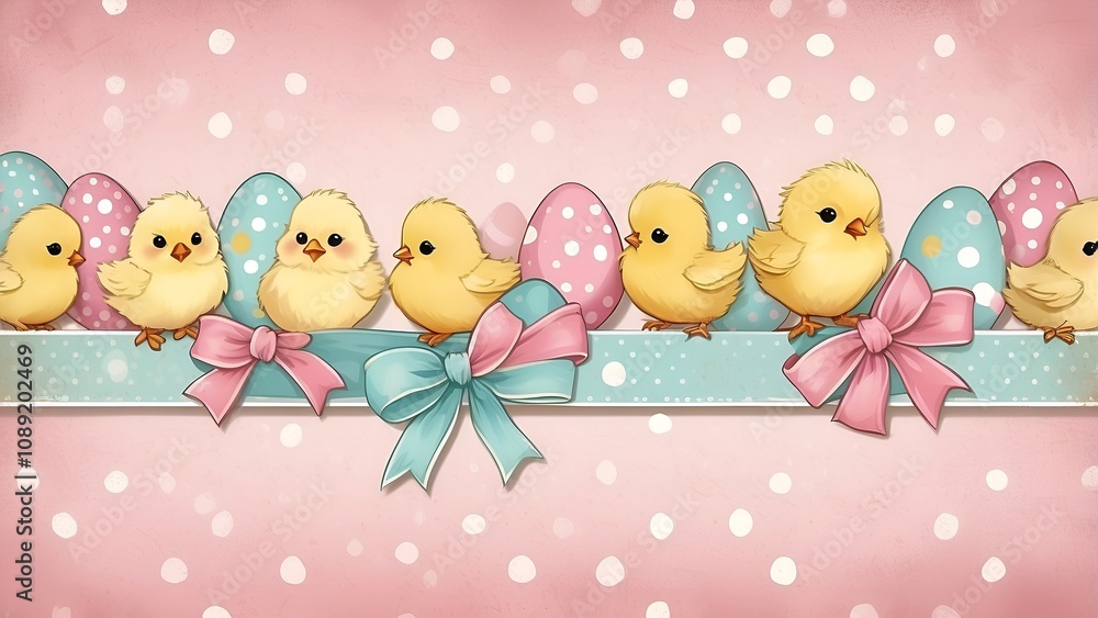 Cute chicks and decorated Easter eggs with bows on a pastel polka dot background Cute chicks and decorated Easter eggs with bows on a pastel polka dot background