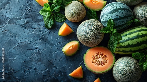 Melons like watermelon, cantaloupe, and honeydew with fresh mint leaves on a dark stone background, high resolution,  photo