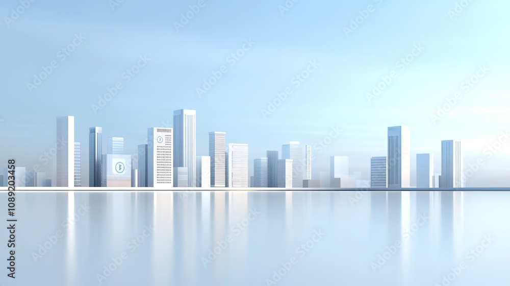 Obraz premium Modern Urban City Skyline with Reflection on Water Surface Under Clear Blue Sky, Featuring Tall Buildings and Minimalist Architectural Style