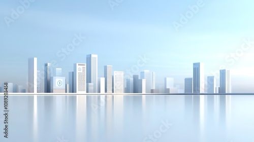 Modern Urban City Skyline with Reflection on Water Surface Under Clear Blue Sky, Featuring Tall Buildings and Minimalist Architectural Style