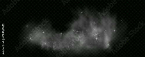 Fantastic magical smoke with glowing particles, stardust, and glittering stars, creating a colorful, ethereal fog. Vector illustration with vibrant, multicolored steam and vapor.