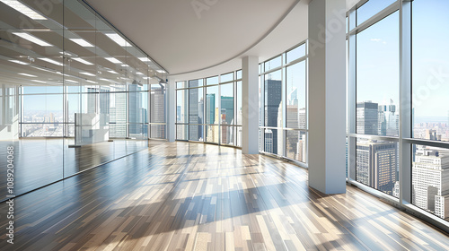  Empty office room with a window view of the Bangkok cityscape skyline. Real photo, mockup, white wall, wood floor, large glass windows, white ceiling, white square tiles, minimalist style