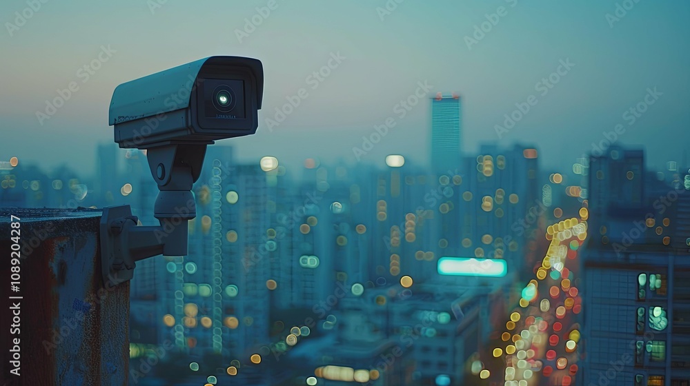 Urban Surveillance: A lone security camera overlooking a city at dusk. Urban Surveillance: A lone security camera overlooking a city at dusk.