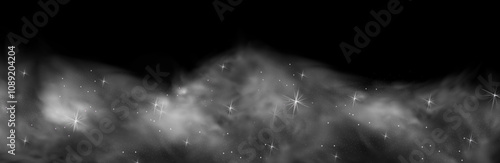 Fantastic magical smoke with glowing particles, stardust, and glittering stars, creating a colorful, ethereal fog. Vector illustration with vibrant, multicolored steam and vapor.