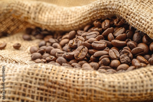 Freshly Spilled Coffee Beans in Burlap Sack with Natural Texture Showcasing Depth and Richness of the Dark Roasted Beans on a Neutral Background