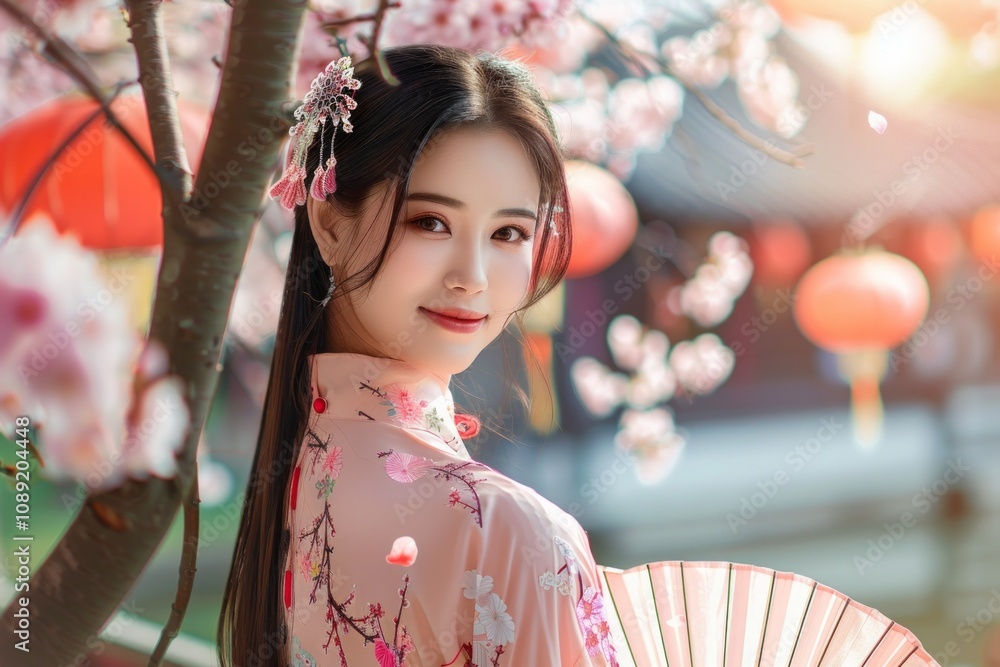 Woman in yukata kimono dress holding folding fan and looking sakura flower or cherry blossom blooming in the garden. Neural network ai generated art Woman in yukata kimono dress holding folding fan and looking sakura flower or cherry blossom blooming in the garden. Neural network ai generated art