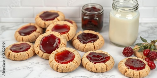 A beautiful display of homemade jam cookies on a marble surface, paired with a jar of cold milk and white subway tiles, arranged in a decorative pattern, table setting, food presentation