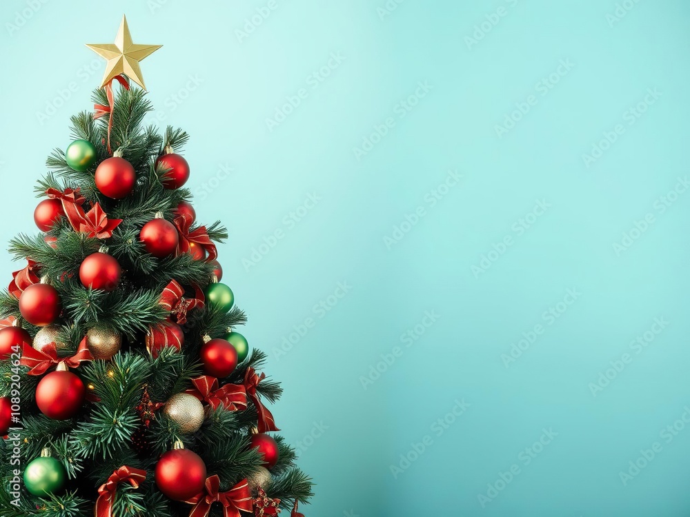 a beautifully decorated christmas tree with red and green ornaments and a star on top, twinkling lights, bows a beautifully decorated christmas tree with red and green ornaments and a star on top, twinkling lights, bows