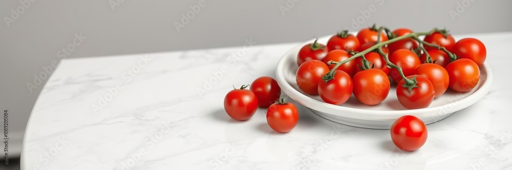 A beautifully styled plate of cherry tomatoes on a white marble base, highlighting the vibrant colors and textures, marble surface, plating style A beautifully styled plate of cherry tomatoes on a white marble base, highlighting the vibrant colors and textures, marble surface, plating style