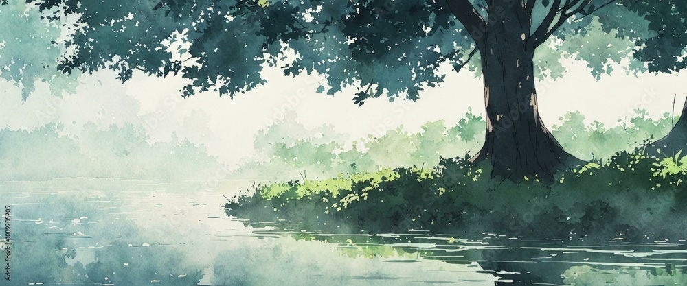 Fototapeta premium Foggy lake with dense mist, calm waters, and overhanging trees in soft light