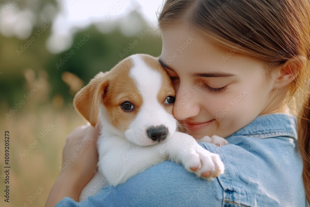 A girl smiles while cuddling a small puppy, showcasing love and connection in a serene outdoor setting. A girl smiles while cuddling a small puppy, showcasing love and connection in a serene outdoor setting.