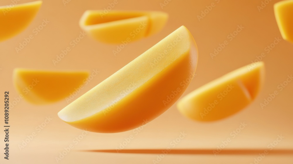 Floating slices of yellow fruit against a soft orange background. Floating slices of yellow fruit against a soft orange background.