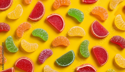 seamless pattern of assorted gummies jelly gummy fruit sweets candy on yellow background top view flat lay photo