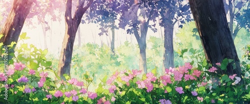 Spring forest with blooming flowers, gentle rain, and morning light filtering through trees