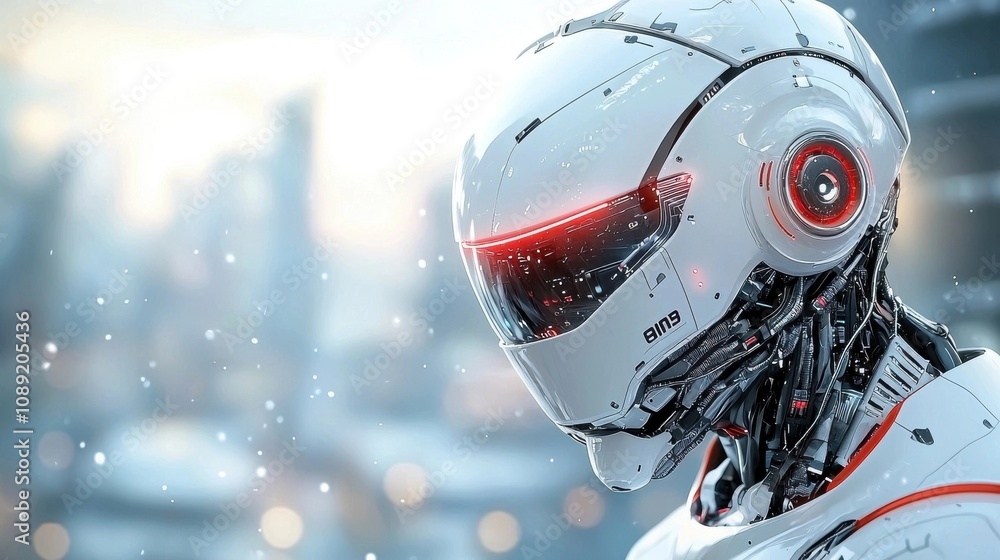 Futuristic humanoid robot or with advanced technology features like headlights visor and digital displays standing in a snowy winter landscape with a blizzard or storm in the background Futuristic humanoid robot or with advanced technology features like headlights visor and digital displays standing in a snowy winter landscape with a blizzard or storm in the background