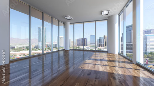  Empty office room with a window view of the Bangkok cityscape skyline. Real photo, mockup, white wall, wood floor, large glass windows, white ceiling, white square tiles, minimalist style