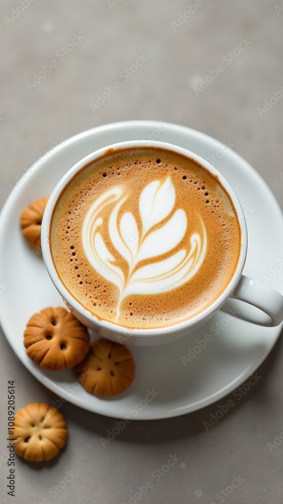 Close up of cappuccino cup with
cookies top view on grey background, vertical Close up of cappuccino cup with
cookies top view on grey background, vertical