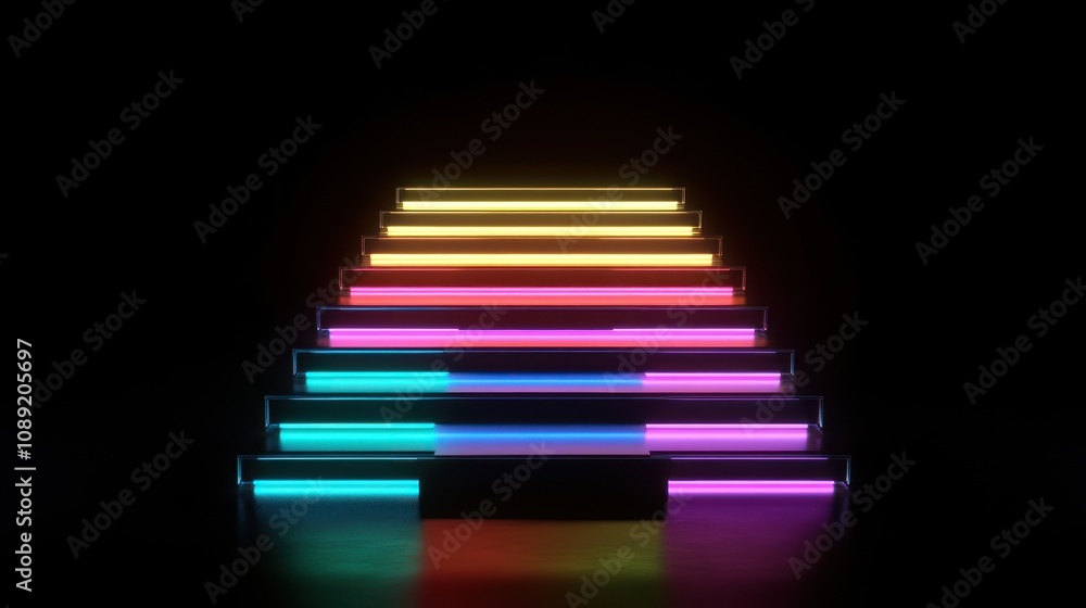Fototapeta premium A colorful, illuminated stair-like structure against a dark background.