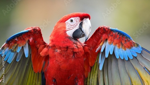 the image features a red scarlet macaw bird its wings spread out suitable for website backgrounds or marketing materials for nature wildlife tropical themes and bird enthusiasts photo